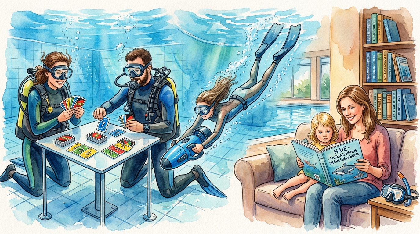 Tauchaktivitäten im Winter Taucher beim UNO spielen, Scootern, Lesen. Tauchaktivitäten im Winter